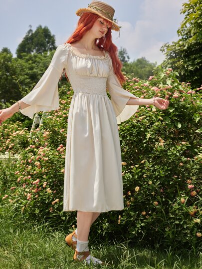 Fairycore Solid Ruched Bust Flounce Sleeve Dress