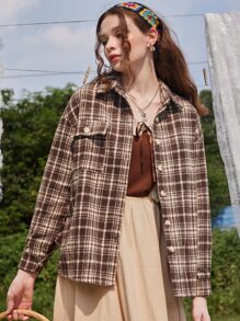 ROMWE Fairycore Plaid Print Drop Shoulder Coat - Coffee Brown - View 1