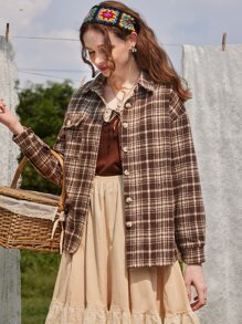 ROMWE Fairycore Plaid Print Drop Shoulder Coat - Coffee Brown - View 2