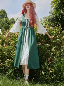 ROMWE Fairycore 1pc Lace Up Contrast Lace Sleeveless Dress - Green - View 2