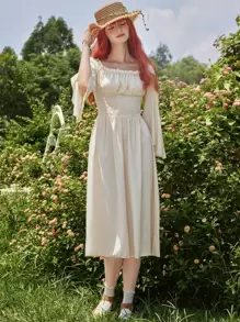 ROMWE Fairycore 素色胸部褶皺荷葉袖洋裝 - 米色 - 查看 2