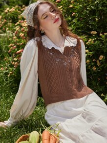 ROMWE Fairycore Floral Embroidery Cable Knit Sweater Vest - Coffee Brown - View 1