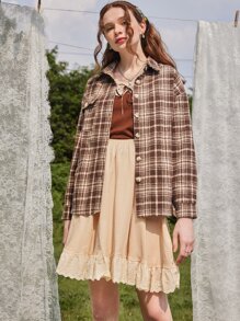 ROMWE Fairycore Plaid Print Drop Shoulder Coat - Coffee Brown - View 3