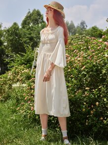 ROMWE Fairycore 素色胸部褶皺荷葉袖洋裝 - 米色 - 查看 3