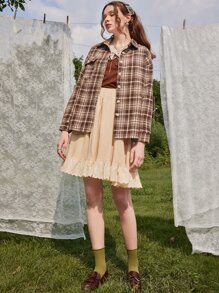 ROMWE Fairycore Plaid Print Drop Shoulder Coat - Coffee Brown - View 4