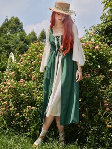 ROMWE Fairycore 1pc Lace Up Contrast Lace Sleeveless Dress - Green - View 3