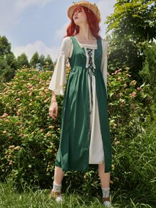 ROMWE Fairycore 1pc Lace Up Contrast Lace Sleeveless Dress - Green - View 4