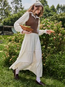 ROMWE Fairycore Floral Embroidery Cable Knit Sweater Vest - Coffee Brown - View 3