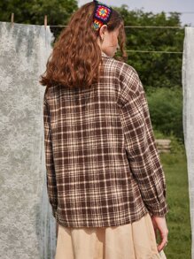 ROMWE Fairycore Plaid Print Drop Shoulder Coat - Coffee Brown - View 6