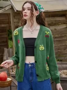 ROMWE Fairycore Nữ Cardigans Nút phía trước Hoạt hình Giải trí - màu xanh lá - Xem 4