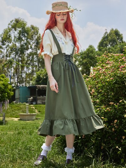 Fairycore Lace Up Ruffle Hem Pinafore Skirt
