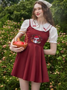 ROMWE Fairycore Mushroom Embroidery Cami Dress Without Blouse - Red - View 1