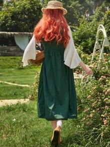 ROMWE Fairycore 1pc Lace Up Contrast Lace Sleeveless Dress - Green - View 7