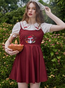 ROMWE Fairycore Mushroom Embroidery Cami Dress Without Blouse - Red - View 2