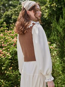 ROMWE Fairycore Floral Embroidery Cable Knit Sweater Vest - Coffee Brown - View 6
