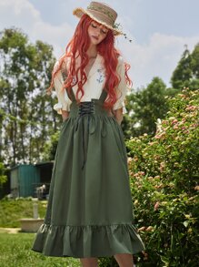 ROMWE Fairycore Váy nữ Ren lên Viên lá sen màu trơn Sẵn sàng - màu xanh lá - Xem 3