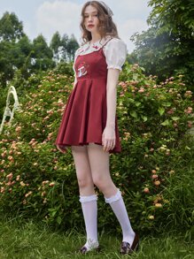 ROMWE Fairycore Mushroom Embroidery Cami Dress Without Blouse - Red - View 5
