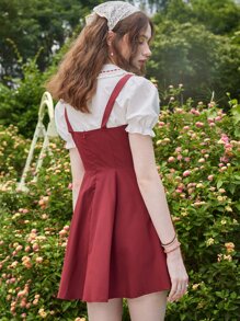 ROMWE Fairycore Mushroom Embroidery Cami Dress Without Blouse - Red - View 6