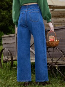 ROMWE Fairycore Mushroom Embroidery Wide Leg Jeans - Medium Wash - View 2