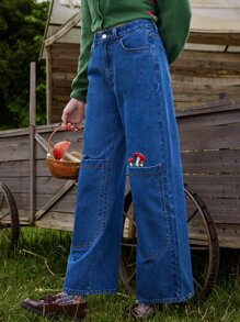 ROMWE Fairycore Mushroom Embroidery Wide Leg Jeans - Medium Wash - View 3