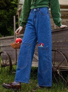 ROMWE Fairycore Mushroom Embroidery Wide Leg Jeans - Medium Wash - View 4