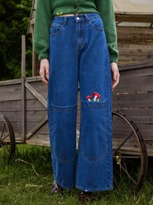 ROMWE Fairycore Mushroom Embroidery Wide Leg Jeans - Medium Wash - View 5