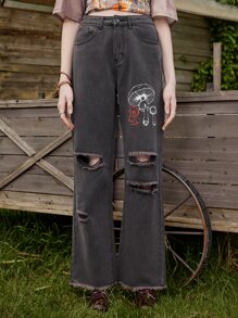 ROMWE Fairycore Jeans desgarro con estampado de seta - Negro - Ver 1