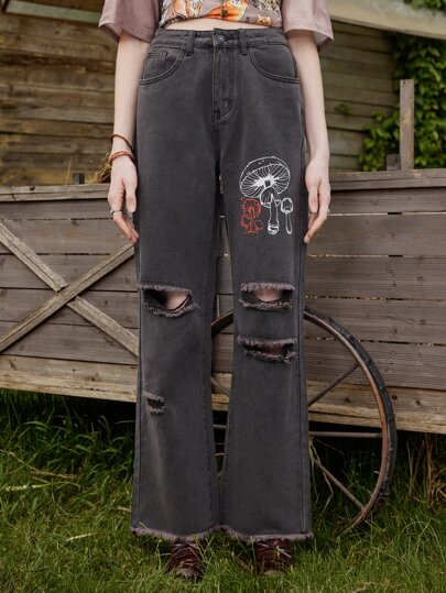 Fairycore بنطلون جينز ممزق بطباعة فطر