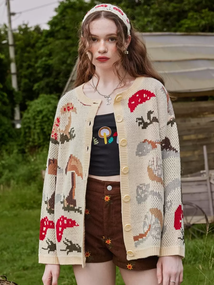 ROMWE Fairycore Mushroom Pattern Cardigan