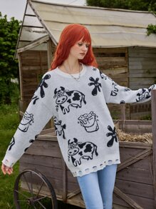 ROMWE Fairycore Suéter roto vaca leche - Gris - Ver 2