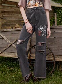 ROMWE Fairycore Jeans desgarro con estampado de seta - Negro - Ver 3