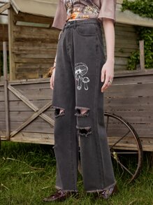 ROMWE Fairycore Jeans desgarro con estampado de seta - Negro - Ver 4