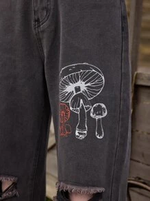 ROMWE Fairycore Jeans desgarro con estampado de seta - Negro - Ver 5