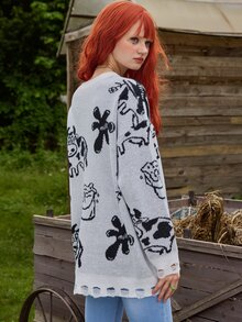 ROMWE Fairycore Suéter roto vaca leche - Gris - Ver 5