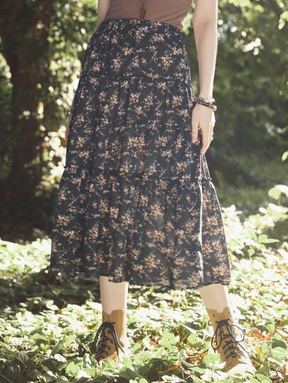 Fairycore Jupe fleuri multicouche