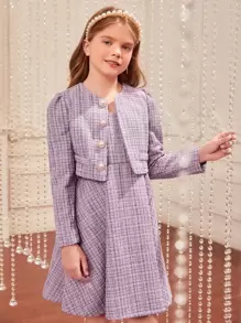 SHEIN Áo bành tô cho cô gái Nút phía trước Sọc ca rô Giải trí - Màu Lilac Tím - Xem 1