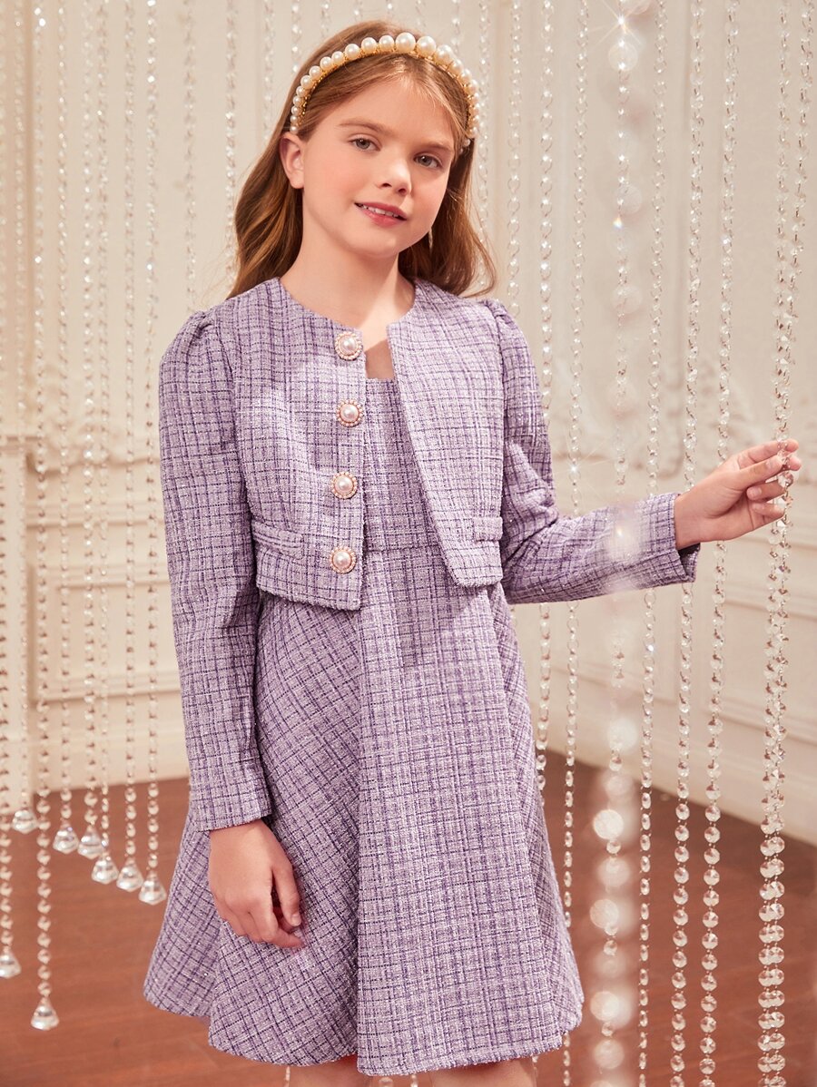 SHEIN Áo bành tô cho cô gái Nút phía trước Sọc ca rô Giải trí - Màu Lilac Tím - Xem 1