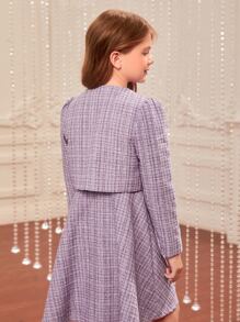 SHEIN Áo bành tô cho cô gái Nút phía trước Sọc ca rô Giải trí - Màu Lilac Tím - Xem 2
