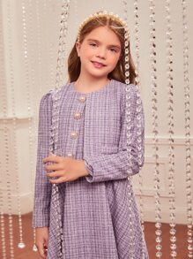 SHEIN Áo bành tô cho cô gái Nút phía trước Sọc ca rô Giải trí - Màu Lilac Tím - Xem 3