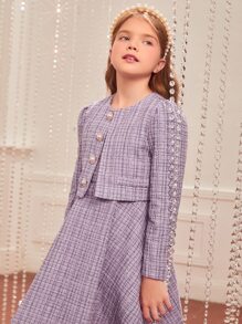 SHEIN Áo bành tô cho cô gái Nút phía trước Sọc ca rô Giải trí - Màu Lilac Tím - Xem 4