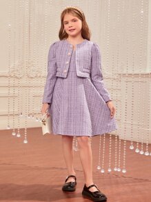 SHEIN Áo bành tô cho cô gái Nút phía trước Sọc ca rô Giải trí - Màu Lilac Tím - Xem 5