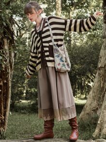 ROMWE Fairycore Striped Dual Pocket Cardigan - Multicolor - View 2