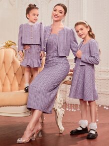 SHEIN Áo bành tô cho cô gái Nút phía trước Sọc ca rô Giải trí - Màu Lilac Tím - Xem 7