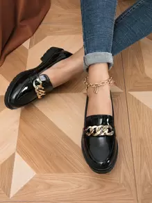 Minimalist Chain Decor Loafers, Black Fashionable Metal Chain Solid Color Loafers - Black - View 3