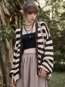ROMWE Fairycore Striped Dual Pocket Cardigan - Multicolor - View 6