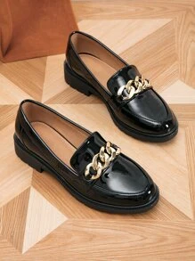 Minimalist Chain Decor Loafers, Black Fashionable Metal Chain Solid Color Loafers - Black - View 4