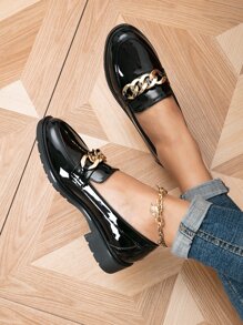Minimalist Chain Decor Loafers, Black Fashionable Metal Chain Solid Color Loafers - Black - View 5