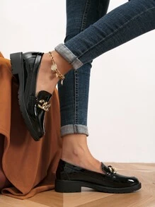 Minimalist Chain Decor Loafers, Black Fashionable Metal Chain Solid Color Loafers - Black - View 6
