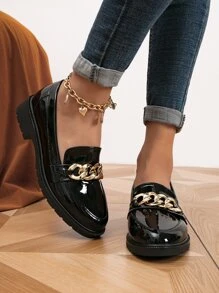 Minimalist Chain Decor Loafers, Black Fashionable Metal Chain Solid Color Loafers - Black - View 7