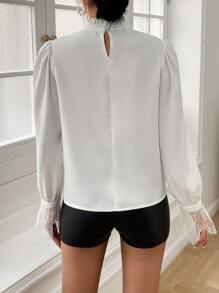 Contrast Lace Frilled Neck Flounce Sleeve Blouse - White - View 2